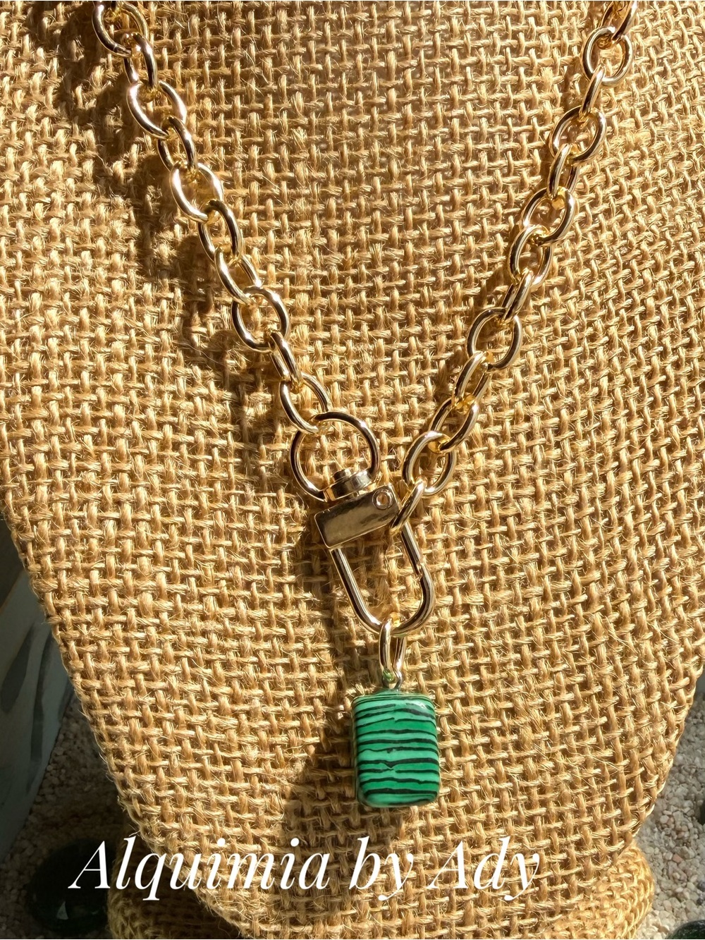 Fall essentials Gold-Tone Chain Necklace with Green Striped Pendant